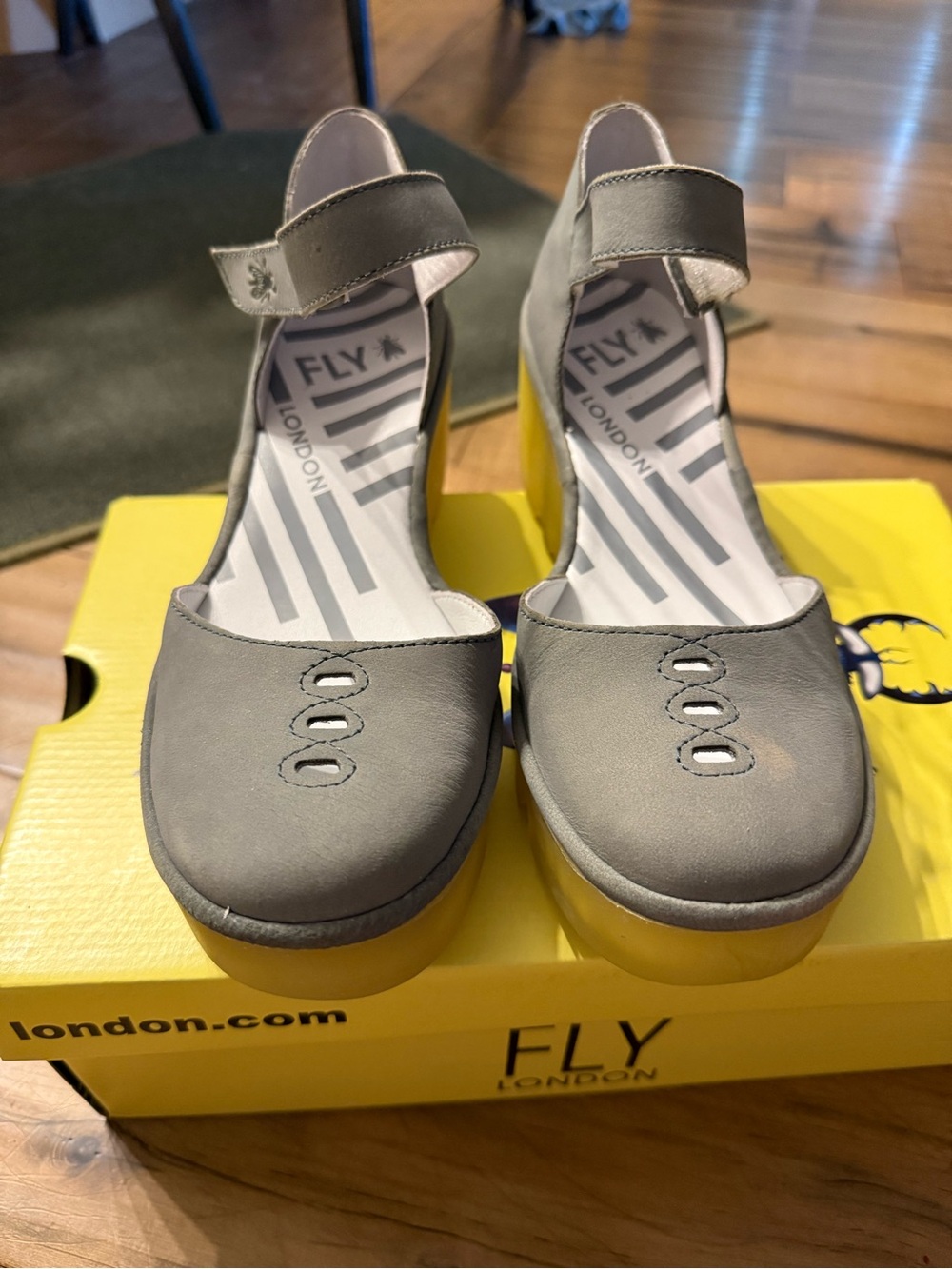 Fly London Bright Yellow Shoe Box with Blue Beetle Logo